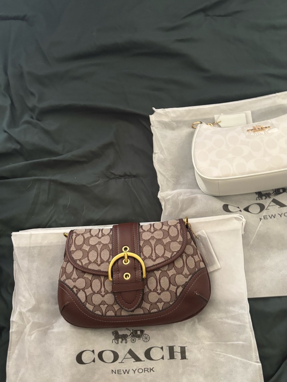 Coach Brown Signature Canvas Shoulder Bag with Gold Buckle